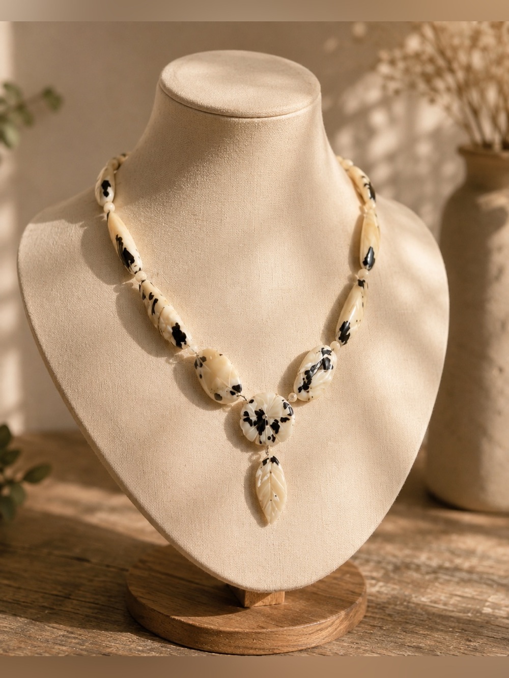 Vintage Kenyan-Inspired Carved Shell Statement Necklace • Artisan Boho Jewelry